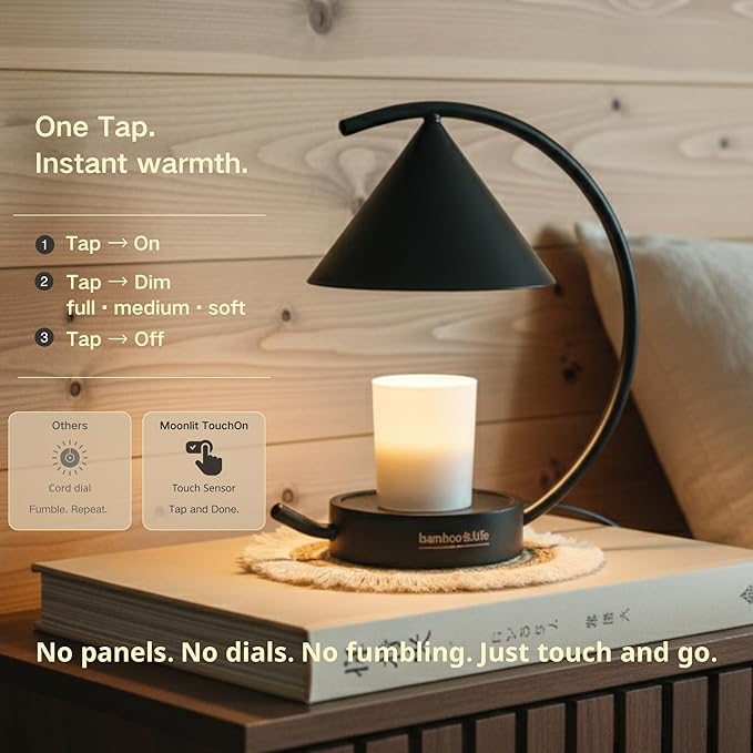 bamboo&life®Moonlit TouchOn Candle Warmer,Eco-Luxury 5-Pc Gift Set incl. Fringe Mat&Wax Dish,Authentic Japan Design,Touch Dimmer,Real Bamboo Base,UL&ETL Certified,US Brand,Birthday&Housewarming Gift