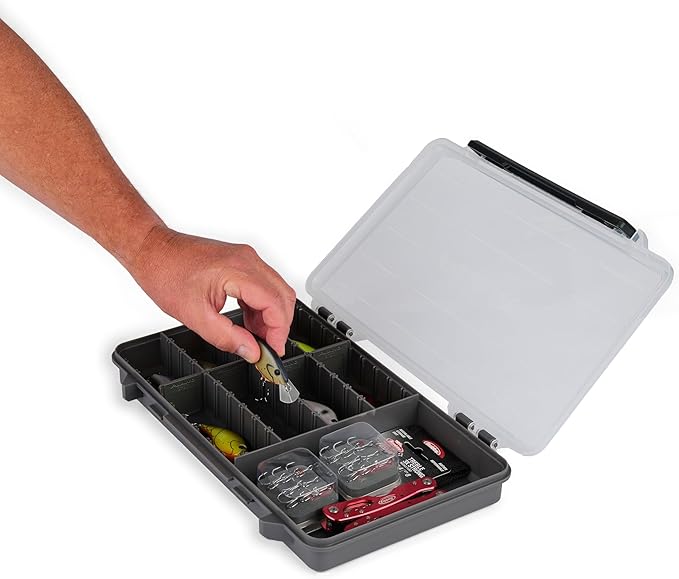 Plano StowAway 3700 50/50 Split Stow Tackle Box, 4-Pack, Corrosion-Preventive Rustricor, Single Latch Design, Transparent DuraView Lid, Stackable Storage for Fishing Bait, Lures and Gear
