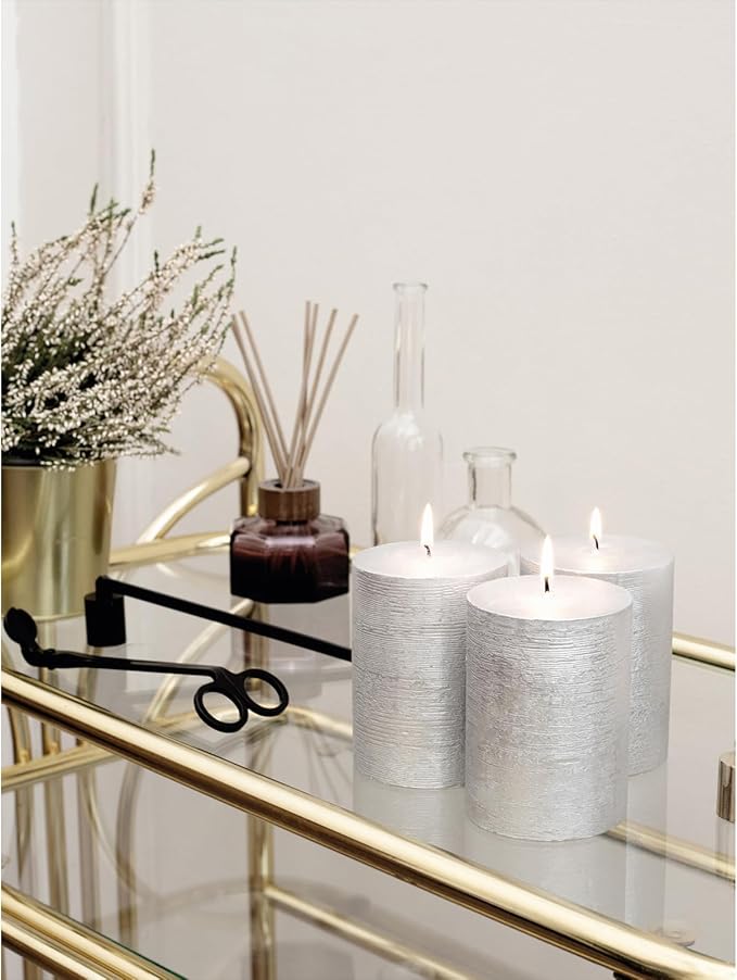 CANDWAX 3x4 inch Pillar Candles Set of 3 – Unscented Dripless Silver Candles for Event Decor, Weddings, Home Use
