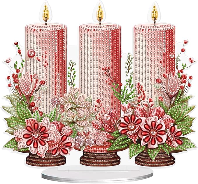 5D DIY Diamond Painting Tabletop Ornament Kits Pink Candle, Christmas Diamond Art Desktop Ornament, Special Shaped Crystal Rhinestone Diamond Art Table Top Home Office Christmas Decor (24x21.3cm)