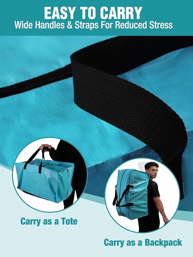 WORKPRO 4 Pack Extra Large Moving Bags with Zippers & Carrying Handles Backpack Straps, Heavy-Duty Storage Tote for Space Saving Moving Storage (Blue)