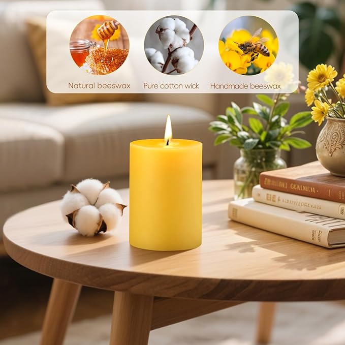 Natural Beeswax Pillar Candles, 2x3in Organic Pillar Candles-128 Hours Pure Beeswax Candles Long Burning Time Smokeless Dripless Bees Wax Candle for Home Paryer Relax, 4 Packs