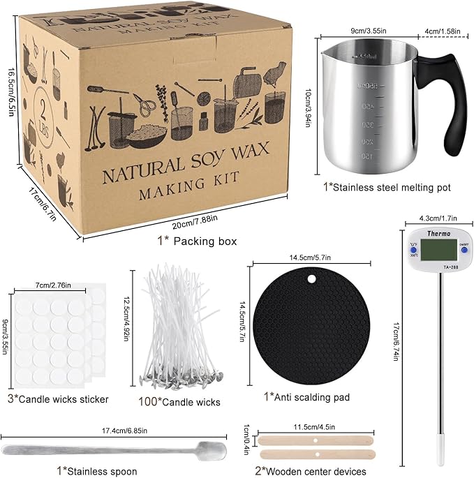 Wfmolcand Candle Making Kit with Hot Plate for Melting Wax,Including 2 LB Soy Wax, Melting Pot,5 Inch Wick Cotton,3-Hole Wicks Holder, Wick Sticker,Stirring Spoon,Thermometer,Anti-hot Silicone Mat…