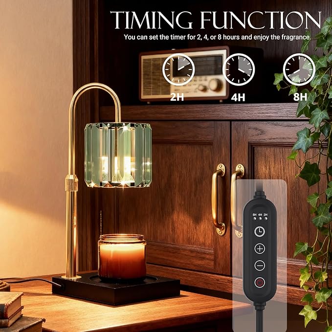 Yuichoy Candle Warmer Lamp Green with Timer, Dimmable Electric Candle Wamer Adjustable Height, Gifts for Women Mom, Glass Modern Candles Melter Lamp