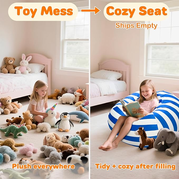 Lukeight Stuffed Animals Storage Bean Bag Chair Cover Only (Ships Empty, No Filling) - Velvet YKK Zipper Beanbag Cover for Kids and Big kids, Washable Plush Toy Organizer, X-Large 30" D x 18" H