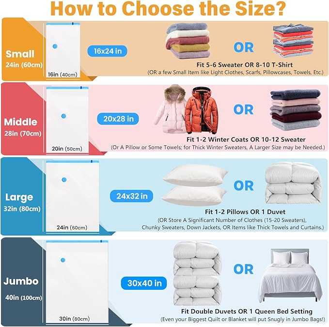 12Pack Thickened Space Saver Vacuum Storage Bags Jumbo for Clothes with Hand Pump, Vacuum Sealed Bags for Clothing, Comforters and Blankets
