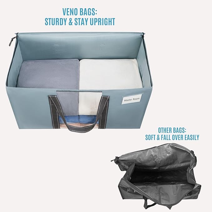 VENO 2 Pack Moving Bags with Clear Window, Heavy Duty Storage Bins with Lid, Around Handles, Tag, Zippers, Extra Large Totes Packing Moving Boxes Supplies for College Dorm Clothes (Light Blue)