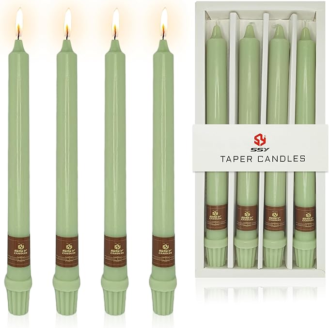 Green Taper Candle 10 Inch Long Candlesticks Unscented Dripless Tapered Candle Set for Home Decor Wedding Party Dinner Candles, 4 Pack