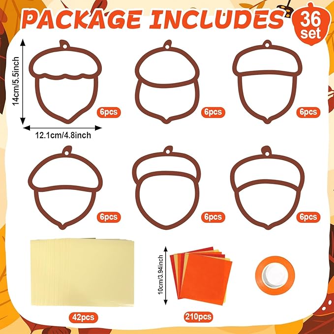 Qyeahkj 36 Set Fall Acorn Suncatchers Crafts for DIY Autumn Window Tissue Paper Craft Kit Hanging Decor for Thinkgiving Home Activity Art Project Birthday Party Favor Gift