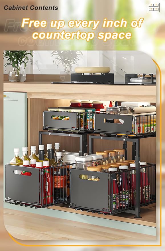 Under Sink Organizer, Pull Out Cabinet Organizer 2 Tier Slide Out Sink Shelf Cabinet Storage Shelves, Under Sink Storage for Kitchen Bathroom Cabinet, Black, 1 Pack