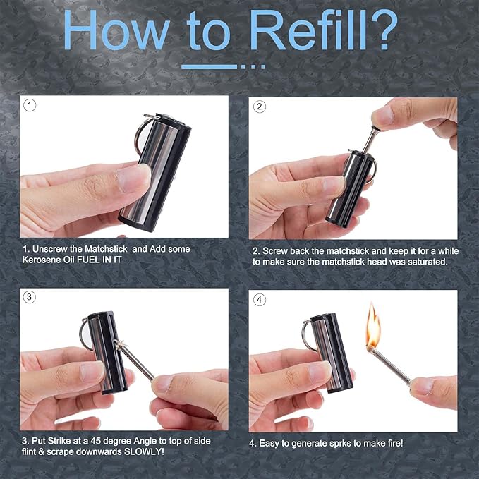 5-Pack Permanent Match Lighter - Waterproof Keychain Survival Tool Compatible with Camping and Candles, Emergency Use (No Fuel)