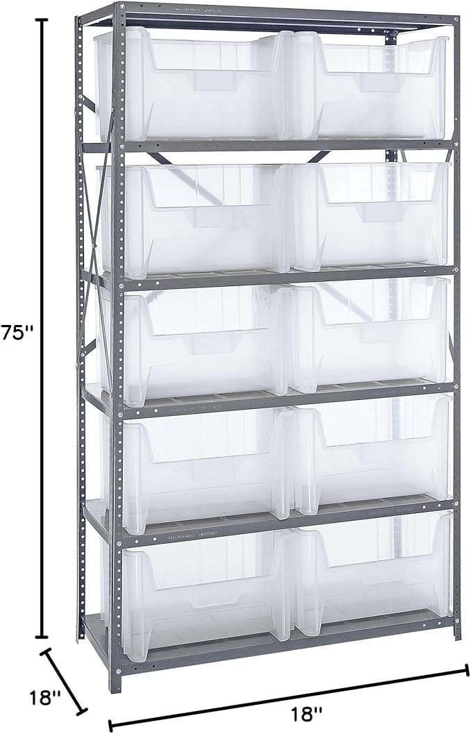 Quantum Storage Systems QSBU-700CL Clear-View Giant Stack 6-Shelf Steel Shelving Unit, 18" x 42" x 75" with 10 QGH700CL Bins, Clear