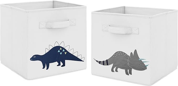 Sweet Jojo Designs Navy Blue and Grey Modern Dino Foldable Fabric Storage Cube Bins Boxes Organizer Toys Kids Baby Childrens for Mod Dinosaur Collection Set of 2