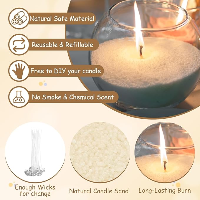 MECCANIXITY Pearled Sand Candles with 20 Pcs Wicks 7Oz / 200g Candle Beads Refillable Powder Sand Wax Making Kit for Thanksgiving Christmas Wedding Party DIY Home Crafts, Beige