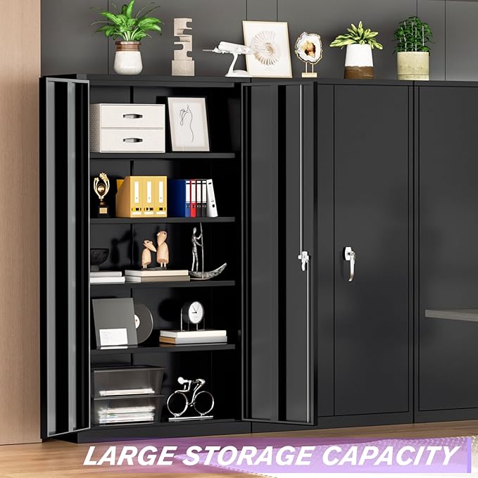 Superday Metal Storage Cabinets, 72" Storage Cabinet with Locking Door, Tall Garage Cabinet with 2 Doors and 4 Adjustable Shelves for Home Office, Classroom, Easy Assemble(Black)