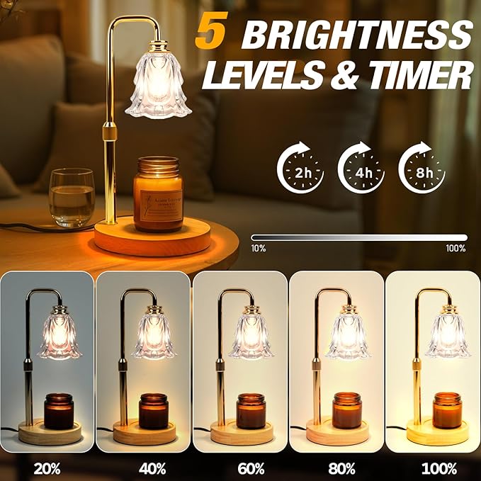 Candle Warmer Lamp with Timer and Dimmer, Electric Wax Warmers for Scented Candles with 5 Brightness Settings, Anti-Glare Lamp with Adjustable Height, Home Decor, Gift for Valentines, Birthday