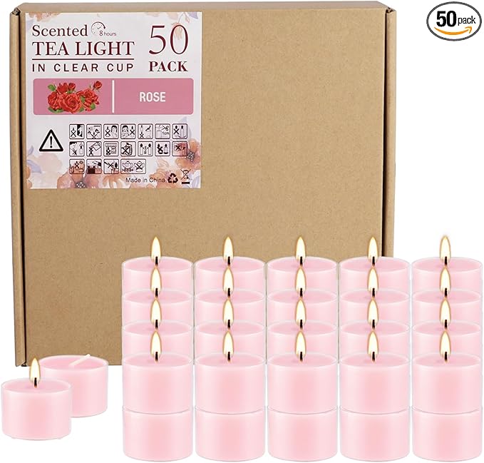 Rose Scented Candle Tealight Candles in Clear Cup, 8 Hours Consistent Smkless Clean Burning, Great for Valentine's Day Holiday, Wedding, Spa, Emergency and Home Decoration（Pink，50 Pack）
