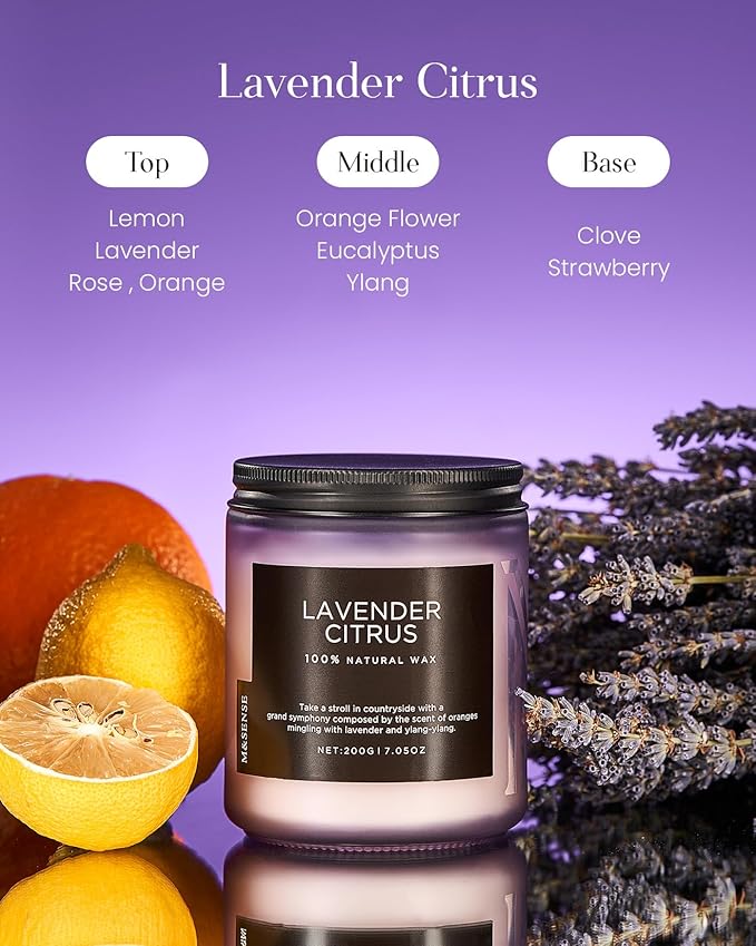 M&SENSE Lavender Citrus Scented Candles, 7.05oz Organic Soy Wax, 50 Hours Clean Burn, Non Toxic Candles for Home, Stress Relief Aromatherapy for Spa Housewarming Gift for Women Men