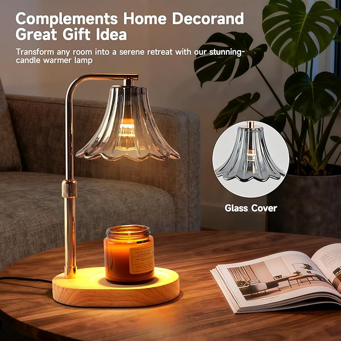 Candle Warmer Lamp with Timer and Dimmer, Adjustable Height Wax Melter for Scented Jar Candles, Vintage Glass Shade Home Decor, Gifts for Women and Mom, 2 Bulbs Included