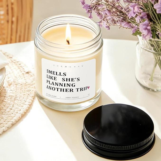 Travel Gifts for Women - Smells Like She is Planning Another Trip - Scented Glass Jar Candle, Unique Gift for Travel Lover, Wanderlust Birthday Gift Idea for Her, Friend, Sister