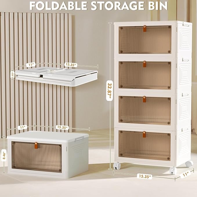 4 Tier Plastic Storage Bins with Lid 23QT, Stackable Storage Containers with Wheels, Folding Storage Boxes, Stackable Storage Bins, Organizers and Storage for Living Room,Office,Dorm