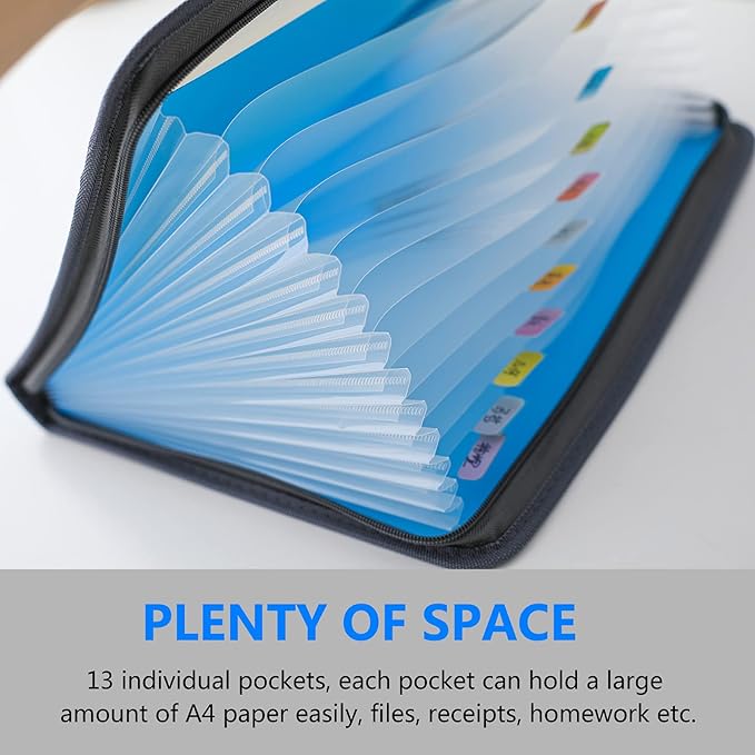 NAFY Expanding File Folder, 13 Pockets Document Organizer with Zipper, A4 Letter Size Portable Accordion Expanding File Folders with 27pcs Multicolor Labels for Home Office School Supplies (Blue)