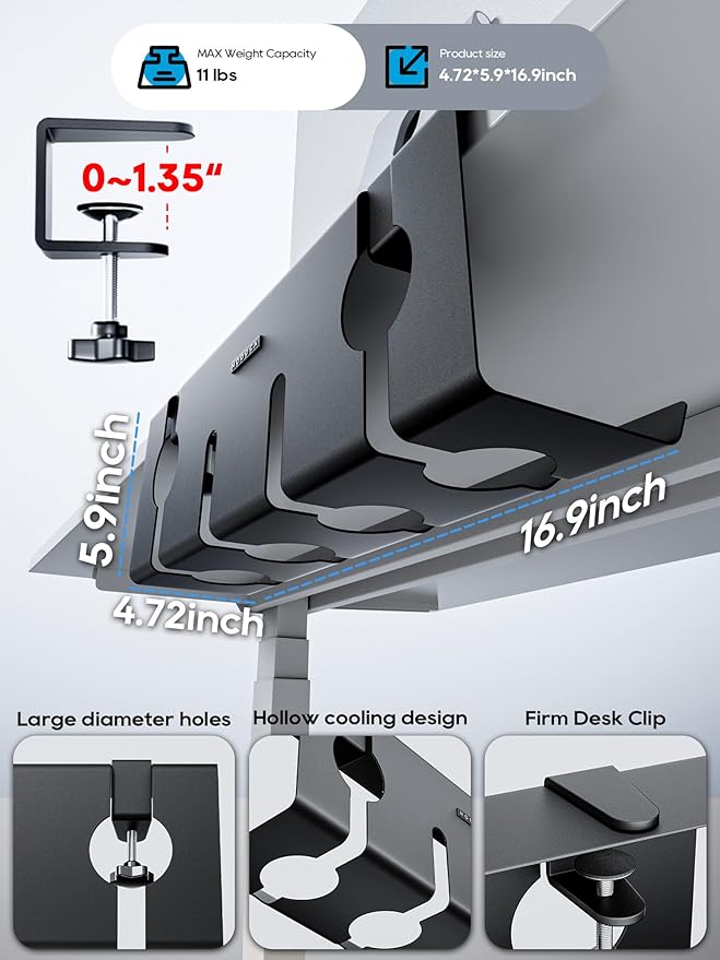 NODOCA No Drill Under Desk Cable Management Tray, 17'' Wire Management, Punch-Free Clamp on, Metal Cable Tray, Wire Organizer Under Desk, Under Desk Basket for Office and Home, Black(2 Packs)