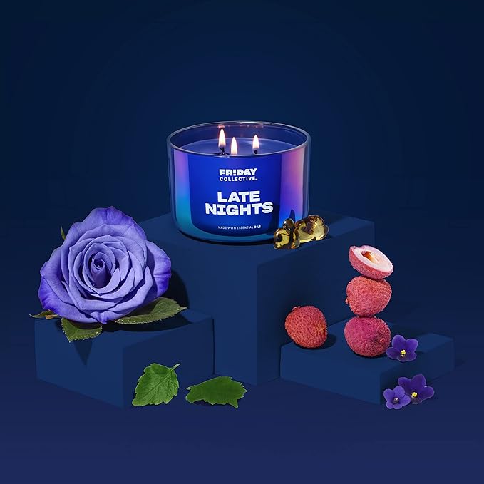 Friday Collective Late Nights Candle Floral Scented Made with Essential Oils 3 Wicks 13.5 oz