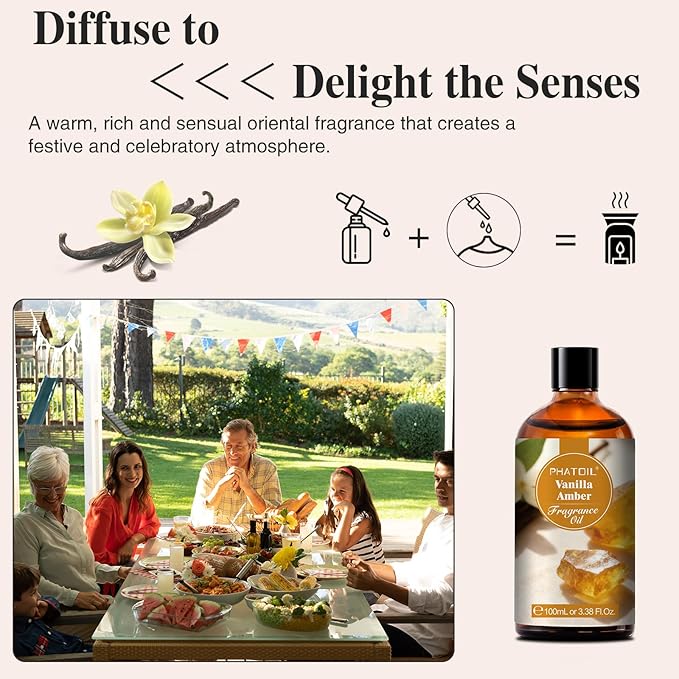 PHATOIL 3.38FL.OZ Vanilla Amber Fragrance Oils for Aromatherapy, Essential Oils for Diffusers for Home, Perfect for Diffuser, Yoga, Skin Care, DIY Candle and Soap Making - 100ml
