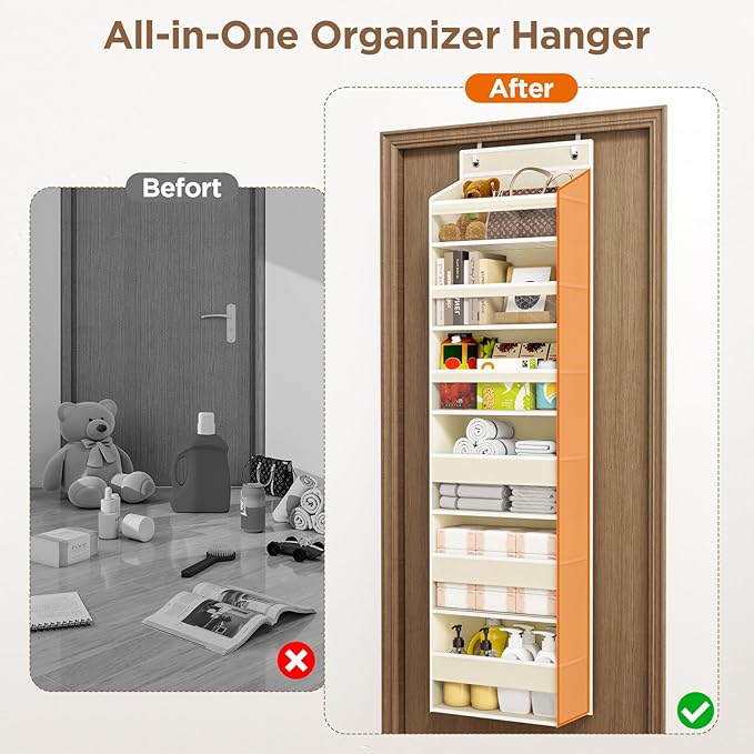 Mefirt Over The Door Organizer, 6 Shelf Door Hanging Organizers with 6 Large Capacity Pockets, Behind Door Storage Hanging Shelves for Closet Wall Bathroom Bedroom Nursery