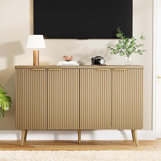 47.2" Sideboard Buffet Cabinet with Storage, Modern Fluted Accent Credenza with 4 Doors, Buffet Media Console Entryway Cabinet with Adjustable Shelve for Living Dining Room Hallway, Natual Oak