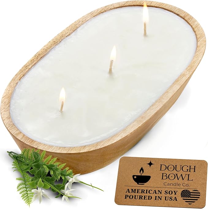 Dough Bowl Candle Co. Honeysuckle Jasmine Soy Candle - 3 Wick Rustic Farmhouse Coffee Table Decor, Odor Eliminator in Wooden Bowls, 20 Oz Wooden Dough Bowl Candle, All-Natural Gifts for Women or Men