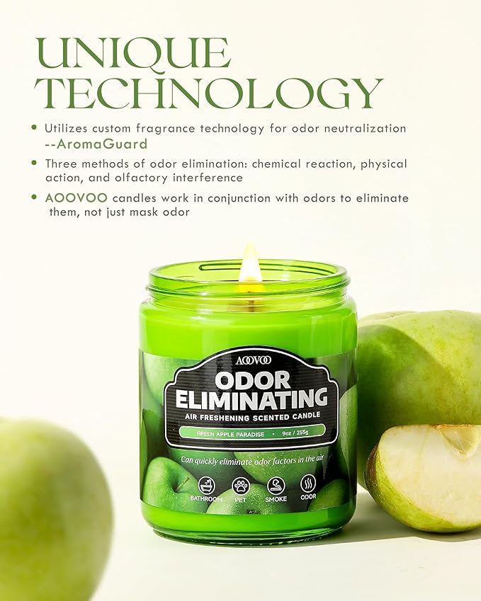 AOOVOO Green Apple 2 Pack Odor Eliminating Highly Fragranced Candle - Eliminates 95% of Pet, Smoke, Food, and Other Smells Quickly, Air Freshing Soy Candle, Up to 100 Hours Burn time