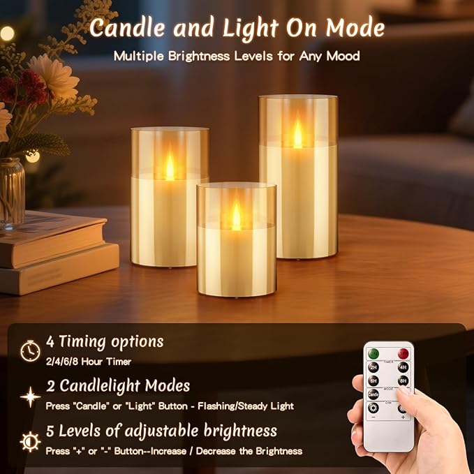 3PC Radar Motion Sensor Rechargeable Led Candles, Flameless Flickering Candle with Remote & Timer, Real Wax in Glass with Flickering Warm Light for Festival, Bedroom, christmas and party Decor-Amber
