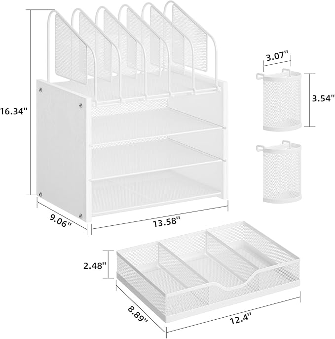 Marbrasse Desk Organizer with Drawer, 4-Tier Wooden File Organizer with 5 Vertical File Holders and 2 Pen Holders, Desk Organizers and Accessories for Home Office - White