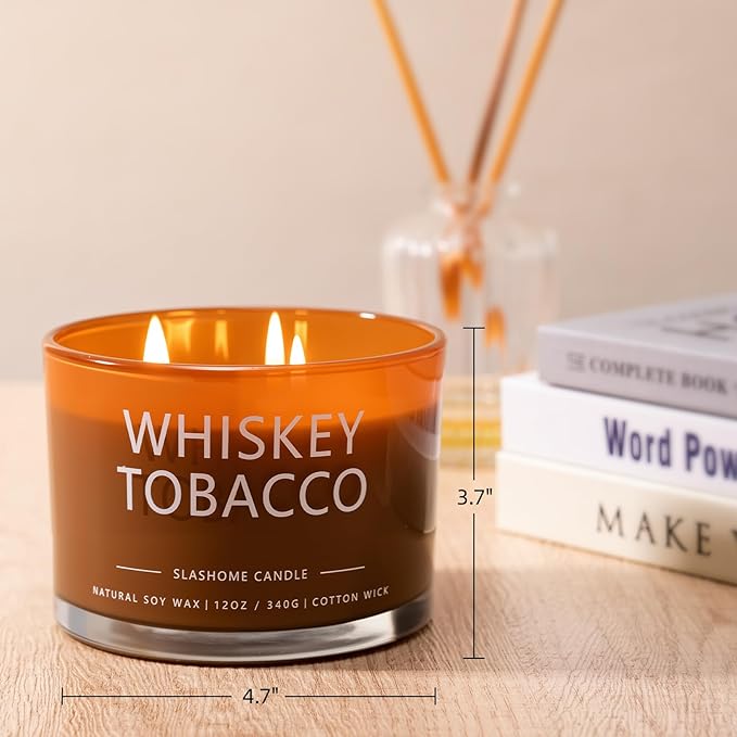 Whiskey & Tobacco Scented Candle, Luxury Large 3 Wick Soy Candle 12 Oz, 60+ Hour Long Lasting Clean Burn, Elegant Aromatherapy Home Decor, Housewarming & Birthday Gift for Men & Women