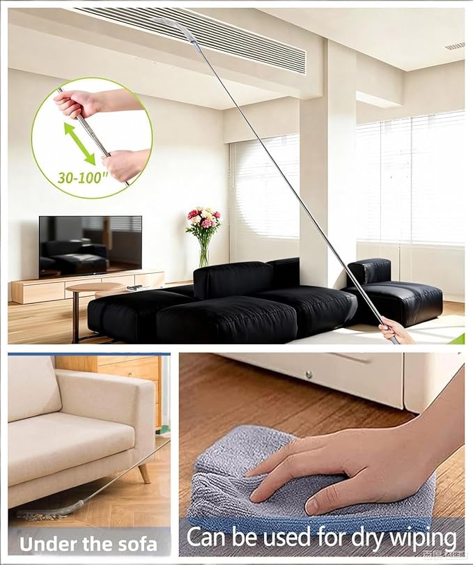 Retractable Gap Dust Cleaner with 30-100 Feet Extendable Long Handle and 2 Microfiber Dusting Cloths, Cleaning Duster for Under Appliance Refrigerator Furniture Sofa Bed (Gray)