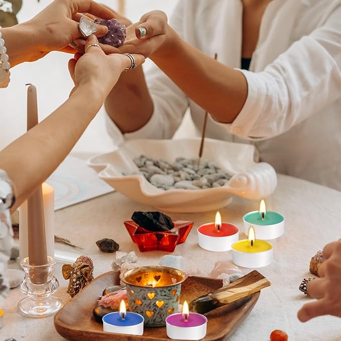 50 Pack Colored Tealights Candles - 4 Hour Burn Time Unscented Smokeless Tealight Candles for Home Decor, Parties, Weddings, Rituals