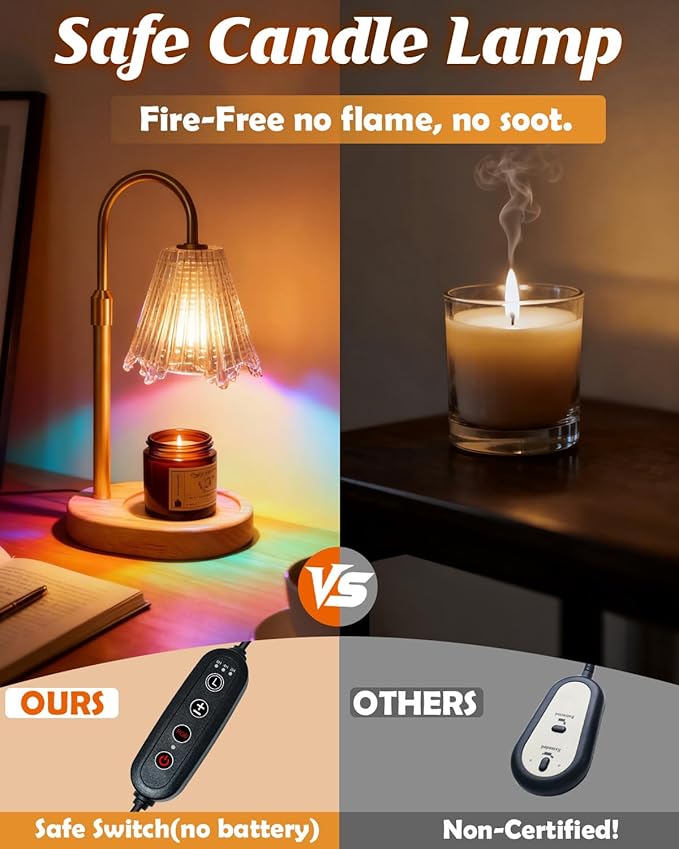 RGB Candle Warmer Lamp with Timer, Dimmer Adjustable Height Candle Melt Lamp Gold Flower Wax Warmer for Wax Melt Birthday Gift for Women Home Office Decor Multi-Color RGB Included 2 Bulbs