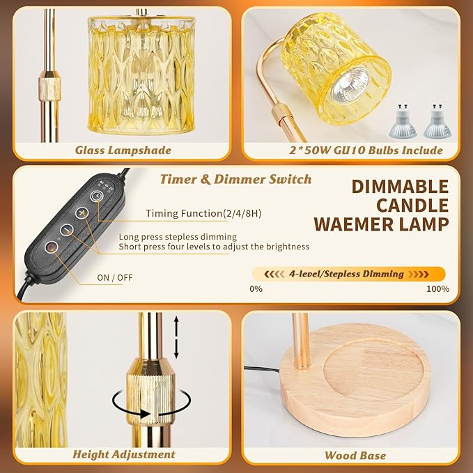 HAIDOLIANG Candle Warmer Lamp with Timer and Dimmer, Height and Brightness Adjustable,Glass Electric Wax Warmer with 2 Bulbs for Women Mom Gifts, Home Decor for Scented Jar Candles (Yellow)