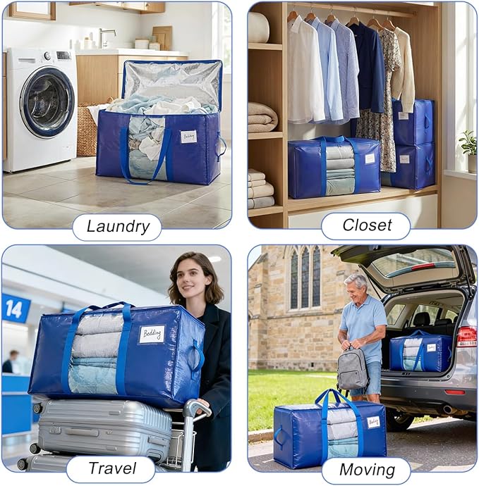 6 Pack Moving Bags Heavy Duty, Large Storage Bags with Visible Window and Zipper, Stronger Wrap-Around Handle and Waterproof Material, Clothes and Blankets Storage, Alternative to Moving Boxes