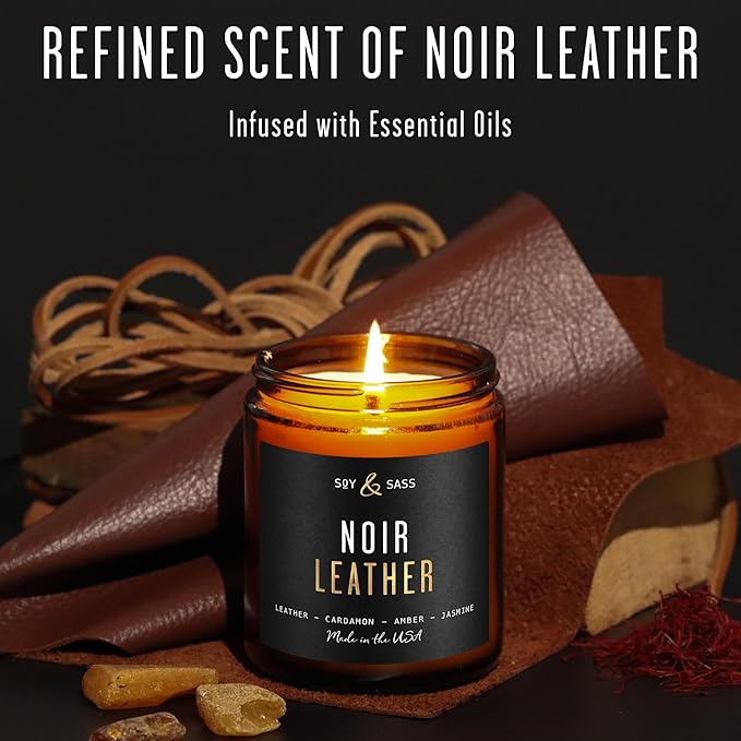 Noir Leather Candle I Scented Black Candles for Men or Women - Leather, Cardamon & Jasmine Soy Wax Mens Candle - Essential Oil Infused I Gifts for Men I Long 50Hr Burn, 9oz I Made in USA
