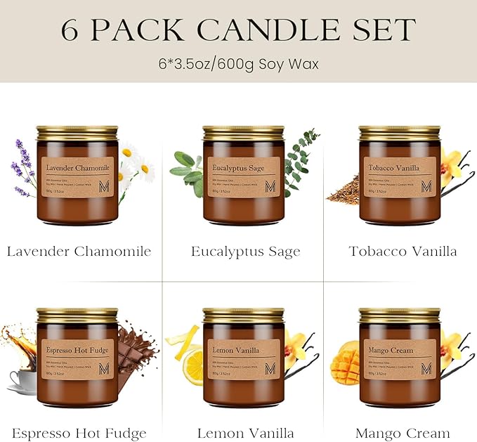 M&SENSE 6 Pack Christmas Candle Gift Set, Aromatherapy Candle Gift for Men and Women, Soy Wax Candles Home Scented, Long Lasting Amber Jar Xmas Candles for Christmas, Thanksgiving, Holiday