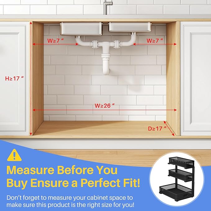 Under Sink Organizer, 1-Pack 3-Tier Thickened Metal Pull out Cabinet Organizer Shelf, Height Adjustable Slide out Storage Drawer Rack for Kitchen Bathroom Pantry Laundry Home Office Organization