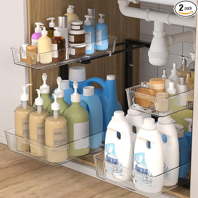 ETOYA 2 Pack Under Sink Organizer Kitchen, 2-Tier Pull Out Cabinet Organizer, L-Shaped Adjustable Height, Acrylic Under Sink Storage Shelf for Kitchen, Bathroom Vanity & Utility Closet
