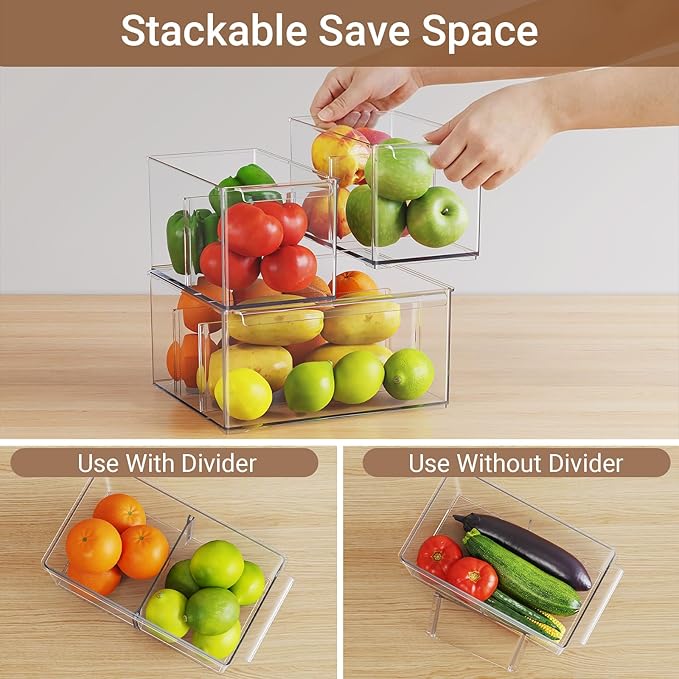 Clear Plastic Storage Bins with Dividers for Fridge Pantry Organizers and Storage Containers, 3 Pack Large Acrylic Stackable Sturdy Storage Boxes for Home Edit and Cabinet Organizers C6-2