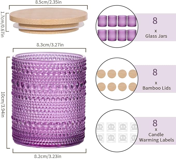 DARJEN 8 Pack Purple Candle Jars for Making Candles- 14 OZ Empty Glass Candle Making Jars with Bamboo Lids and Labels, Candle Making Supplies Candle Containers for Home DIY