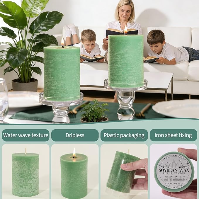 6 Pack Sage Green Soy Pillar Candles,Natural Soybean Pillar Candles,330 H Long Lasting Burning-Unscented,Dripless and Smokeless Rustic Hand-Poured Candles Dinner Table,for Wedding,Home 2.8x4in
