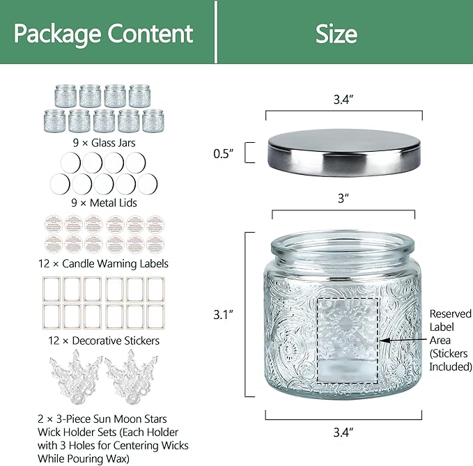 9-Pack 10 oz Sun Moon Star Embossed Glass Candle Jars with Mirror Lids and Labels - Unique Clear Candle Containers with Lids for Candle Making