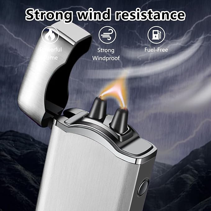 SKRFIRE Dual Arc Electric Lighter – Upgraded Plasma Lighter, Rechargeable with Touch Ignition, Digital Battery Display, Windproof for Candle, BBQ, Camping & Travel (Silver Ice